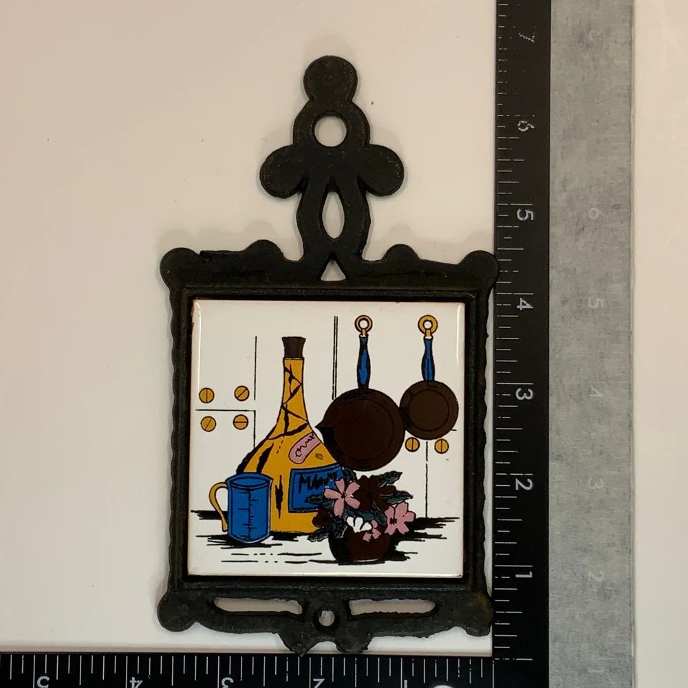 Vintage San-Huan Cast Iron Ceramic Tile Trivet Kitchen Wall Decor Still Life